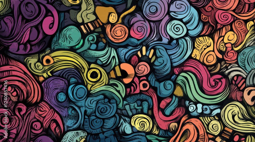 Poster whimsical doodle shapes in vibrant colors create lively and playful abstract design. intricate patte