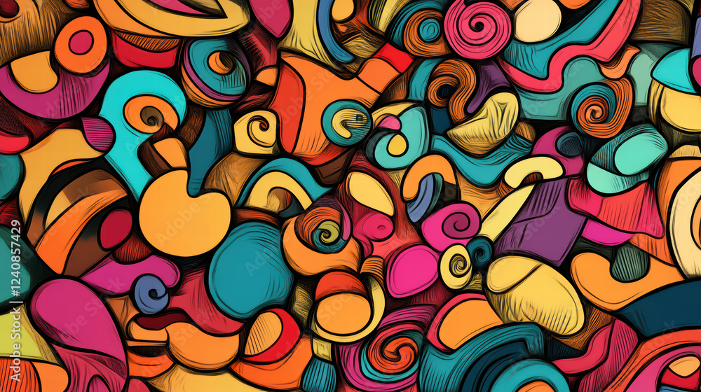 Poster whimsical doodle shapes in vibrant colors create lively and playful pattern. design features swirls,