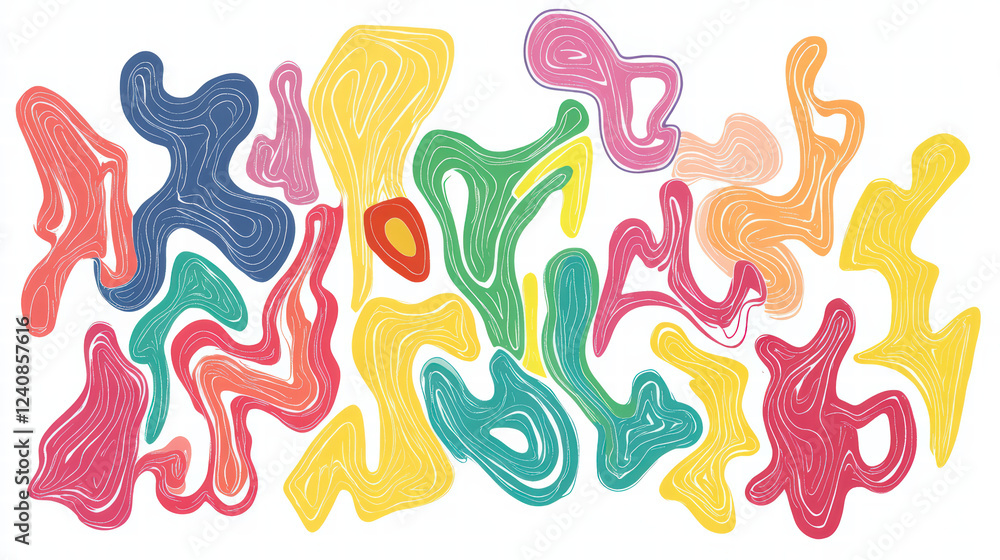 Poster whimsical doodle shapes in vibrant colors create playful and artistic composition. abstract design f
