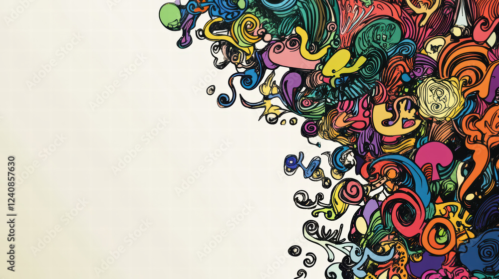 Poster whimsical doodle shapes in vibrant colors create playful and artistic design. intricate patterns and