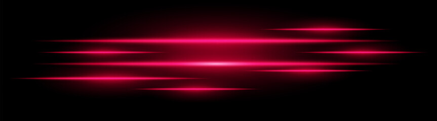 Multiple horizontal red light beams glowing on black background. Abstract digital energy effect. Futuristic speed and technology concept for design and wallpaper