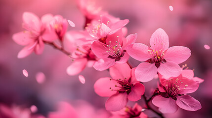 Cherry blossoms display their delicate beauty as soft pink petals fall gently in a peaceful garden