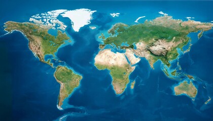 satellite-style map of the world. It depicts Earth's continents and oceans with realistic colors and topographical details.