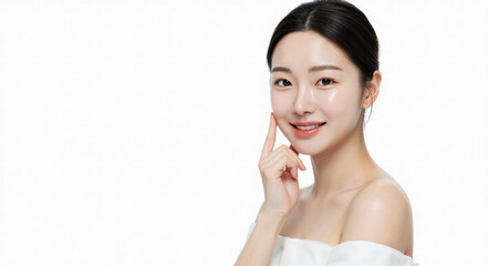Glowing Skin Beauty Smiling korean Woman Portrait on White