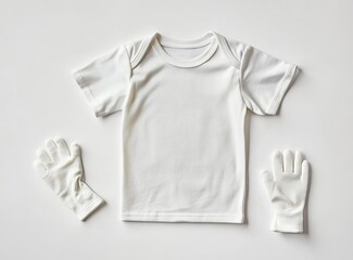White baby with short sleeves and long gloves on a white background, top view. Mockup for a design or print template. 