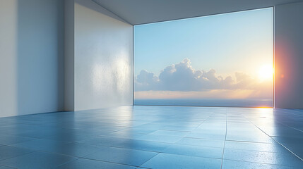 Minimalist Ocean View Room Sunset Interior Design, Sky Blue Home with Modern Architecture.