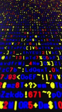 三原色・コンピュータ空間のランダムな文字列・さまざまな文字を含むデータベース・エンコードされたプログラム内のデータセット・数学的計算・大規模言語モデル・機械翻訳・英数字記号・縦長・ビデオ
