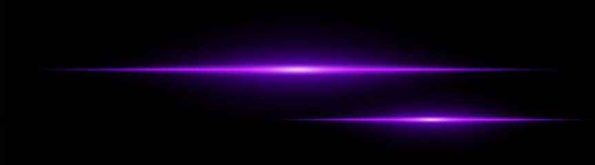 Two horizontal purple light beams glowing on black background. Abstract digital energy effect. Futuristic technology and sci-fi concept for design and wallpaper