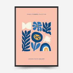 Abstract floral posters template. Modern trendy Matisse minimal style. Pink and blue colors. Hand drawn design for wallpaper, wall decor, print, postcard, cover, template, banner.