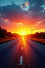 Naklejka premium Golden hour light bathes empty asphalt road, sunrise colors paint the sky , peaceful, empty, pink