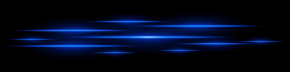 Multiple horizontal blue light beams glowing on black background. Abstract digital energy effect. Futuristic speed and technology concept for design and wallpaper