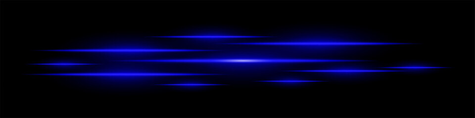 Multiple horizontal blue light beams glowing on black background. Abstract digital energy effect. Futuristic speed and technology concept for design and wallpaper