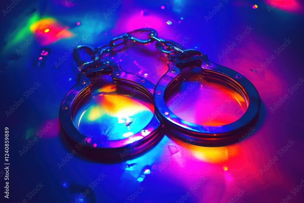 Poster creative reflection of light through prism effect on handcuffs creating a rainbow spectrum on a blac