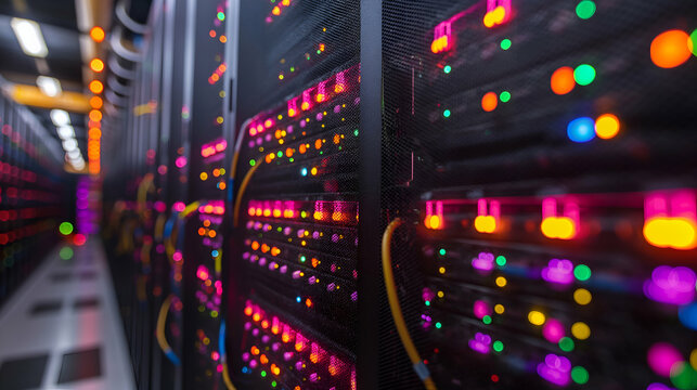 Vibrant Server Room Modern Data Center with Colorful Lights, Futuristic Network Technology.