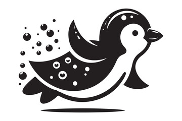 Monochrome Vector Illustration of a Stylized Penguin With Decorative Bubbles

