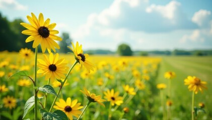 Tall yellow flower stalks swaying gently in the breeze, helianthus salicifolius, yellow, wildflowers