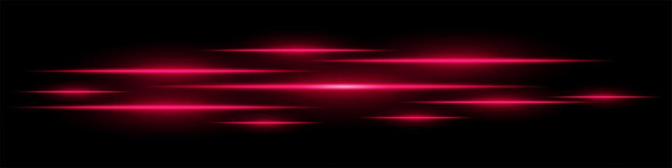 Multiple horizontal red light beams glowing on black background. Abstract digital energy effect. Futuristic speed and technology concept for design and wallpaper