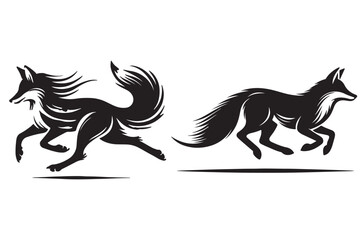 Stylized Silhouettes of Two Running Foxes in Black and White Design

