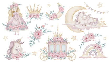 Watercolor illustrations of a princess and unicorn surrounded by Flowers. drawing in pastel pink colors with crown and carriage for kids birthday greeting cards or baby showers invitations. © Alisles