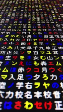 三原色・コンピュータ空間のランダムな文字列・さまざまな文字を含むデータベース・エンコードされたプログラム内のデータセット・数学的計算・大規模言語モデル・機械翻訳・日本語・縦長・ビデオ
