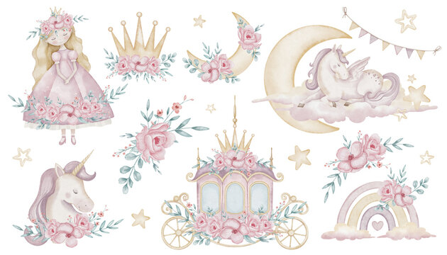 Watercolor illustrations of a princess and unicorn surrounded by Flowers. drawing in pastel pink colors with crown and carriage for kids birthday greeting cards or baby showers invitations.