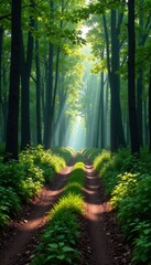 Obraz premium The scent of damp earth rises from the forest floor as a forest road stretches into the distance, tree-lined road, wilderness path, forest floor