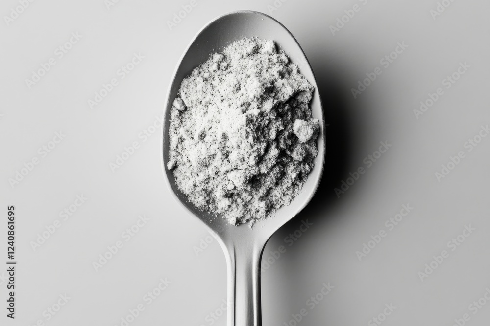 Poster Dramatic Close-Up of a Heap of Salt in a Spoon Against a Neutral Gray Isolated Background with Raw Shadows, Emphasizing Texture and Depth in Composition