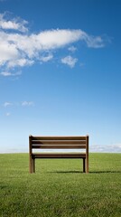Solitude Bench: A Peaceful Moment on Grassy Field Under a Blue Sky