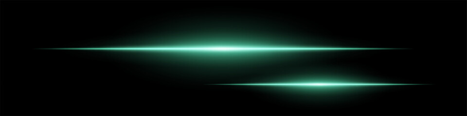 Two horizontal soft green light beams glowing on black background. Abstract digital energy effect. Futuristic technology and sci-fi concept for design and wallpaper