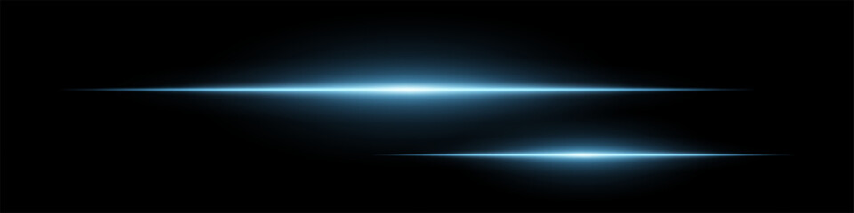Two horizontal soft blue light beams glowing on black background. Abstract digital energy effect. Futuristic technology and sci-fi concept for design and wallpaper