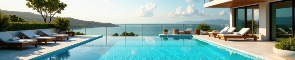 Fototapeta premium Modern rooftop pool, patio furniture, summer relaxation, patio, view, sun
