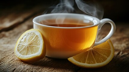 Enjoying hot lemon tea cozy kitchen beverage photography warm atmosphere close-up comfort and relaxation