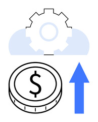 Gear over cloud, coin with dollar sign, upward arrow. Ideal for finance, development, cloud services, efficiency, growth innovation success. Flat abstract line metaphor