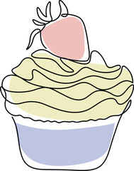 One continuous single-line drawing of minimalist Strawberry cupcake artwork. 