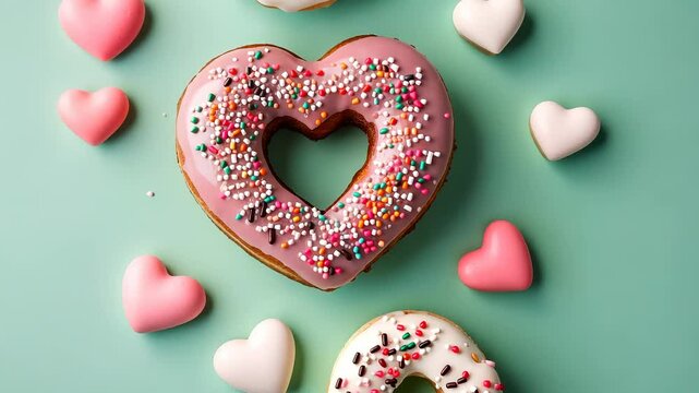 Pink frosted heart donuts and pastel candy hearts scattered on turquoise surface, creating romantic valentine's day composition. love romantic background video 4k