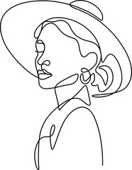 One continuous single-line drawing of women's faces with hats—one-line art of feminine beauty salon model girl portrait graphics artwork. 