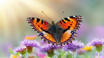 Obraz premium Beautiful Orange Butterfly Perched on Purple Flower in Garden