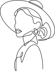 One continuous single-line drawing of woman faces with hat—one-line art of feminine beauty salon model girl portrait graphics clipart. 