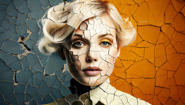 Vintage woman, graphic novel style, double exposure, surreal postcard on cracked paper. Concept of duality of the human personality, The Vanishing History of Personality