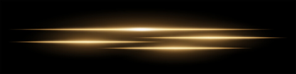 Naklejka premium Multiple horizontal soft yellow light beams glowing on black background. Abstract digital energy effect. Futuristic speed and technology concept for design and wallpaper