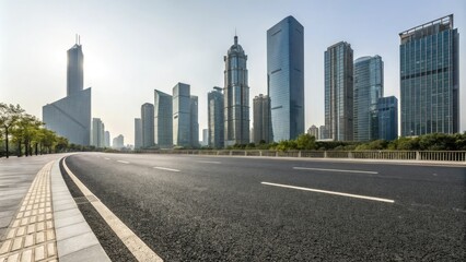 Obraz premium Wide asphalt road stretching through a modern cityscape with sleek skyscrapers and glass towers in the background, cityscape, city streets, urban sprawl