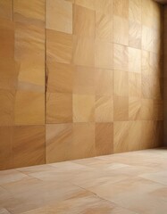 Wide-angle shot of a room featuring a seamless background of yellow sandstone tiles in a natural, woven pattern on the wall, tile, weave, seamless, pattern, natural sandstone