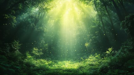 Fototapeta premium Sunbeams Illuminate A Lush, Mystical Forest Floor, Where Leaves Gently Fall.
