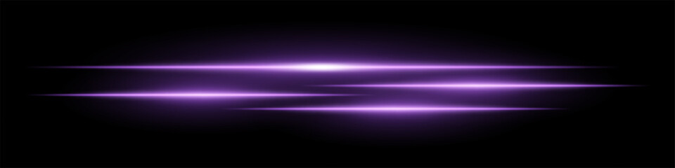 Multiple horizontal soft purple light beams glowing on black background. Abstract digital energy effect. Futuristic speed and technology concept for design and wallpaper