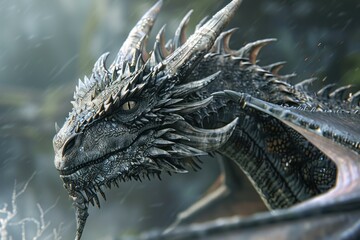Powerful dragon with intricate scales and horns emerging from a misty forest, showcasing strength and mythical presence