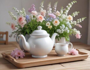 White porcelain teapot with blooming flowers in soft pastel colors on wooden tray, delicate, porcelain, afternoon tea