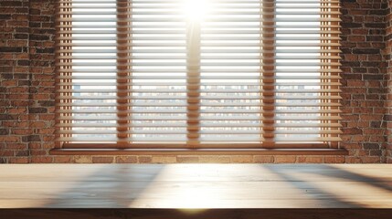 Wooden Table with Sunlight Streaming Through Venetian Blinds