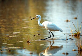 Naklejka premium White morph reddish egret wading through the shallow waters of a salt marsh, marsh, bird, egrets