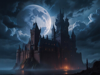 Majestic Gothic Castle Under a Full Moon, enchanting castle silhouetted against a dramatic sky