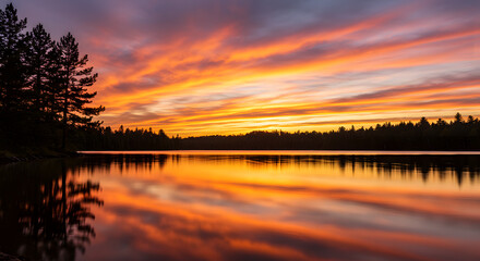 Obraz premium Fiery Sunset over Serene Lake and Silhouetted Pines: A Breathtaking Natural Landscape